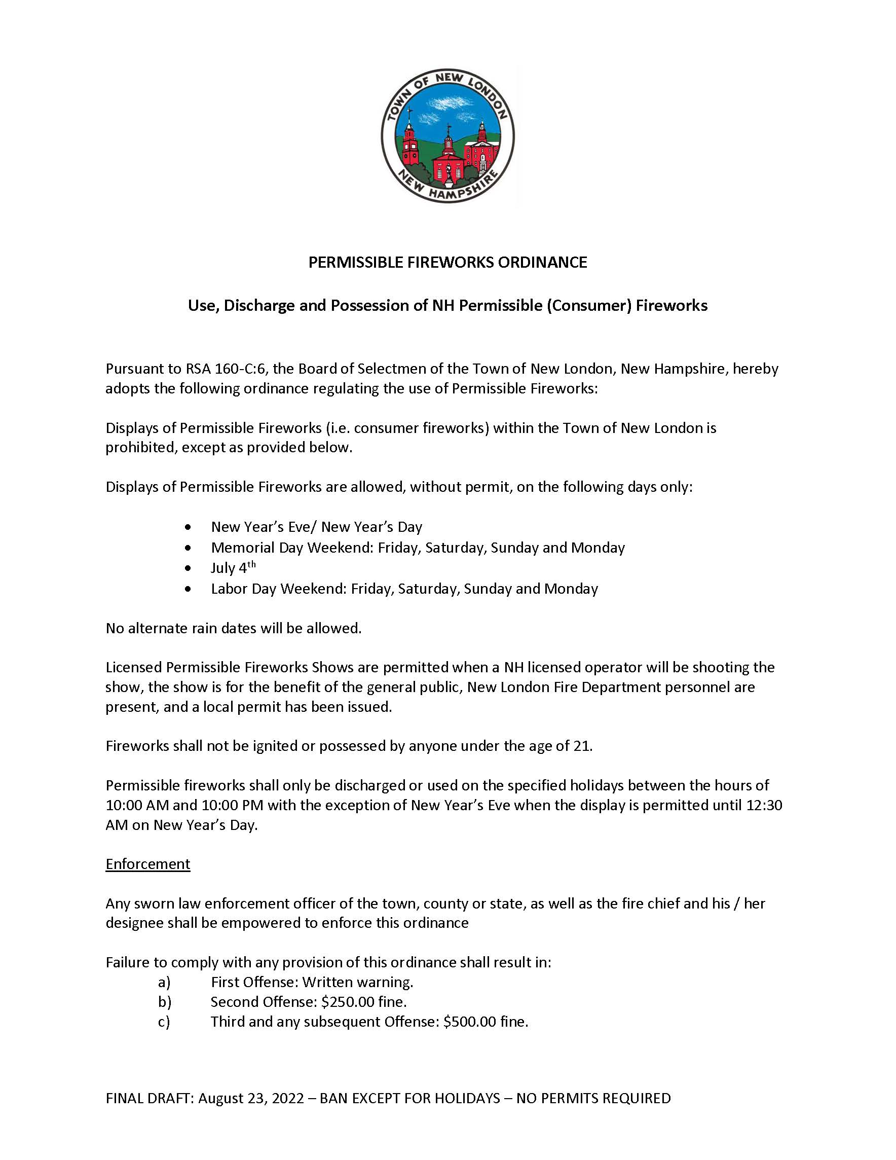 Thumbnail for New London Draft Fireworks Ordinance